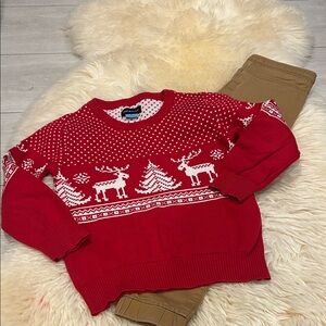 Andy & Evan Red and White Reindeer Sweater & Tan Pants Set